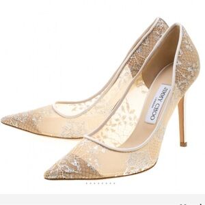 JIMMY CHOO White Lace Champagne Abel Pointed Toe Pumps Heels Size 39 Authentic